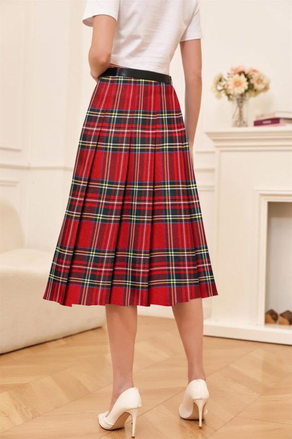 Girls Womens High Waist Pleated Long Skirt with Pockets