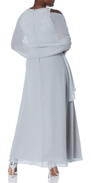 Women's Sleeveless Scallop Long Beaded Dress W/Scarf