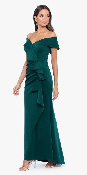 Women's Long Off Shoulder Sweetheart Neck Side Ruffle Gown (Reg and Petite)
