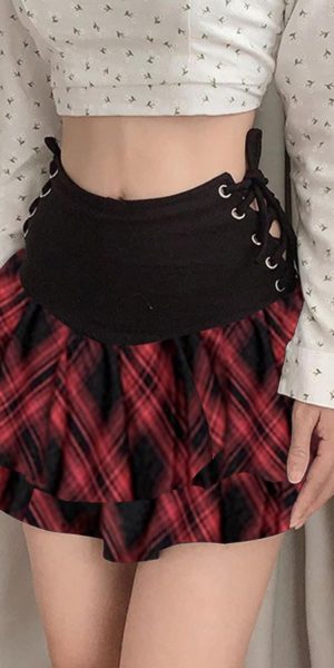 Womens Gothic Skirt Y2k 2000s Girl Mall Goth Punk Skirts High Waist Lace-Up Ruffle Fairy Grunge Mini Skirts