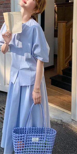 Women's French Style Summer 2-Piece Set Elegant V-Neck Short Sleeve Shirt and High Waist Skirt Outfit