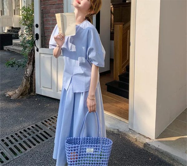 Women's French Style Summer 2-Piece Set Elegant V-Neck Short Sleeve Shirt and High Waist Skirt Outfit
