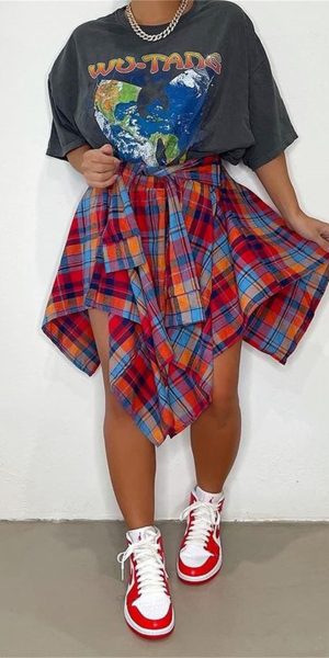 Women's Plaid Skirts High Waisted Knot Front Asymmetrical Hem Mini Skater Skirt