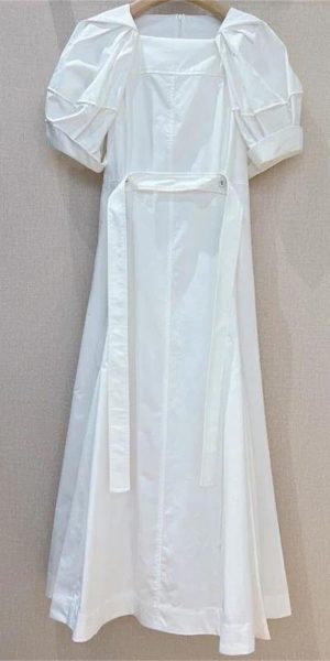 Women's Bandage Waist Maxi Dress - Puff Sleeve Cotton Solid Color Spring Long Dress