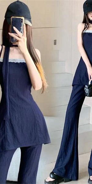 Women's Lace Trim Set - V-Neck Halter Top & Draped Pants
