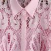 Summer Maxi Dress Women Slim Fit Full Lantern Sleeve Lace Dress Hollow Out Lapel with Belt Elegant Office Work Long Dresses
