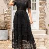 Women's Vintage Casual Summer Long Dress Short Sleeve Hollow Out Embroidery Maxi Dresses
