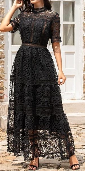 Women's Vintage Casual Summer Long Dress Short Sleeve Hollow Out Embroidery Maxi Dresses