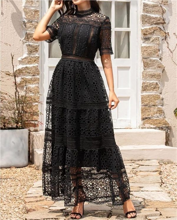 Women's Vintage Casual Summer Long Dress Short Sleeve Hollow Out Embroidery Maxi Dresses