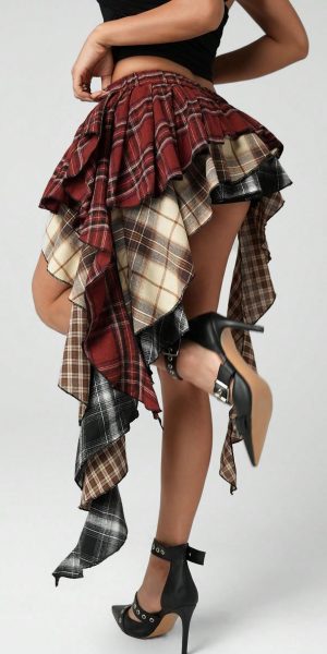 Plaid Skirts for Women Ruffle Asymmetrical Layered Hem Y2k Skirt with Shorts Underneath