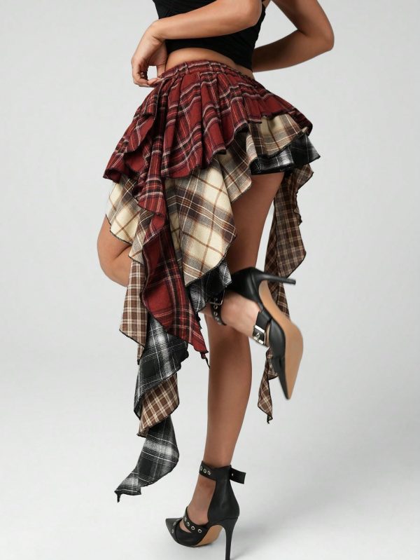 Plaid Skirts for Women Ruffle Asymmetrical Layered Hem Y2k Skirt with Shorts Underneath