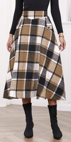 Women’s Fall Winter High Waisted Wool Plaid A-line Long Skirt