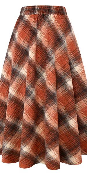 Long Plaid Wool Skirt for Womens Winter Fall Warm High Elastic Waist A line Flared Pleated Wool Tartan Skirts