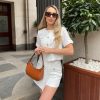 Women's 2 Piece Suit Sets White Acetate Short Sleeve Blazer Jacket and Skirt Shorts Business Casual Outfits