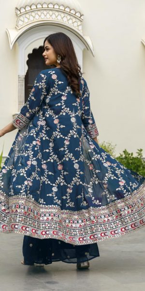 Women's Georgette Embroidery Crop Top with Flared Palazzo and Shrug Set
