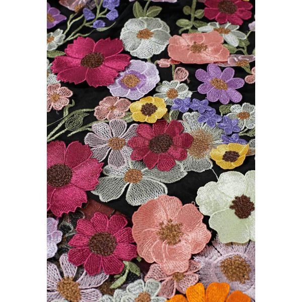 Women 3D Floral Applique Embroidery Maxi Skirt Elastic High Waist A-Line Garden Party Mesh Tulle Skirt