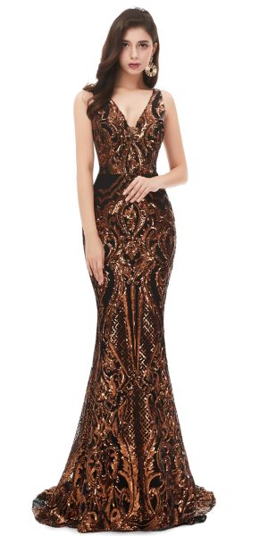 Women's V-Neck Sequins Sleeveless Lace-up Mermaid Evening Dress