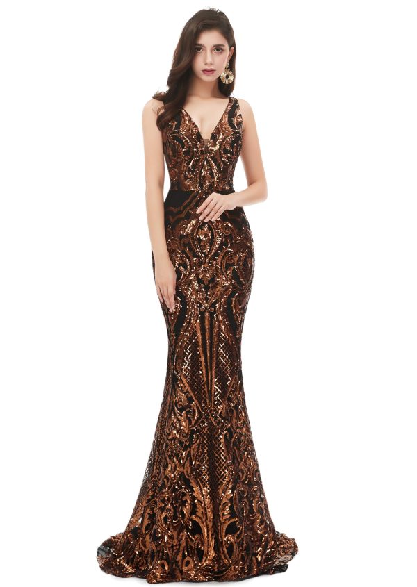 Women's V-Neck Sequins Sleeveless Lace-up Mermaid Evening Dress