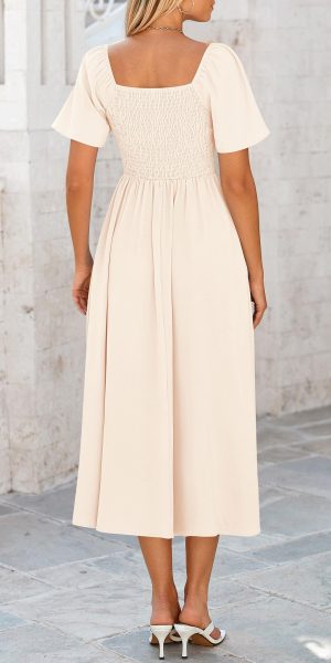 2025 Summer Dress for Women Casual Short Sleeve Bow Tie V Neck Ruffle Midi Flowy Dresses