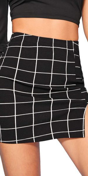 Women's Casual Split Hem High Waisted Mini Bodycon Plaid Skirt