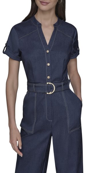 Womens Button Front Belted Jumpsuit
