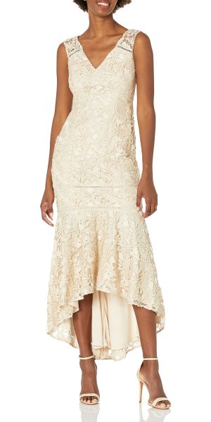 Women's Gardenia Guipure Long Dress with Trimming Details